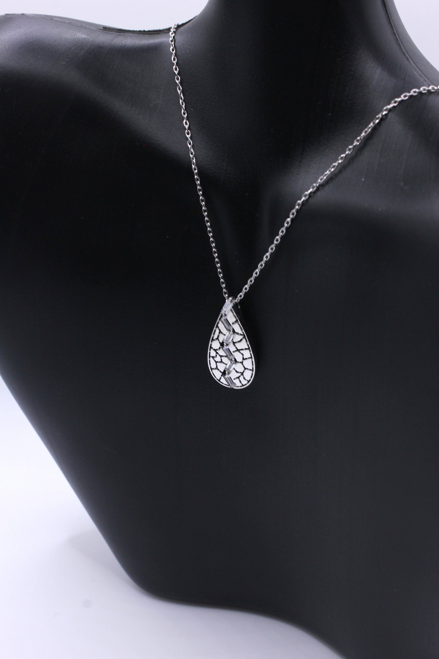 925 Sterling Silver Mosaic Teardrop Baguette Necklace