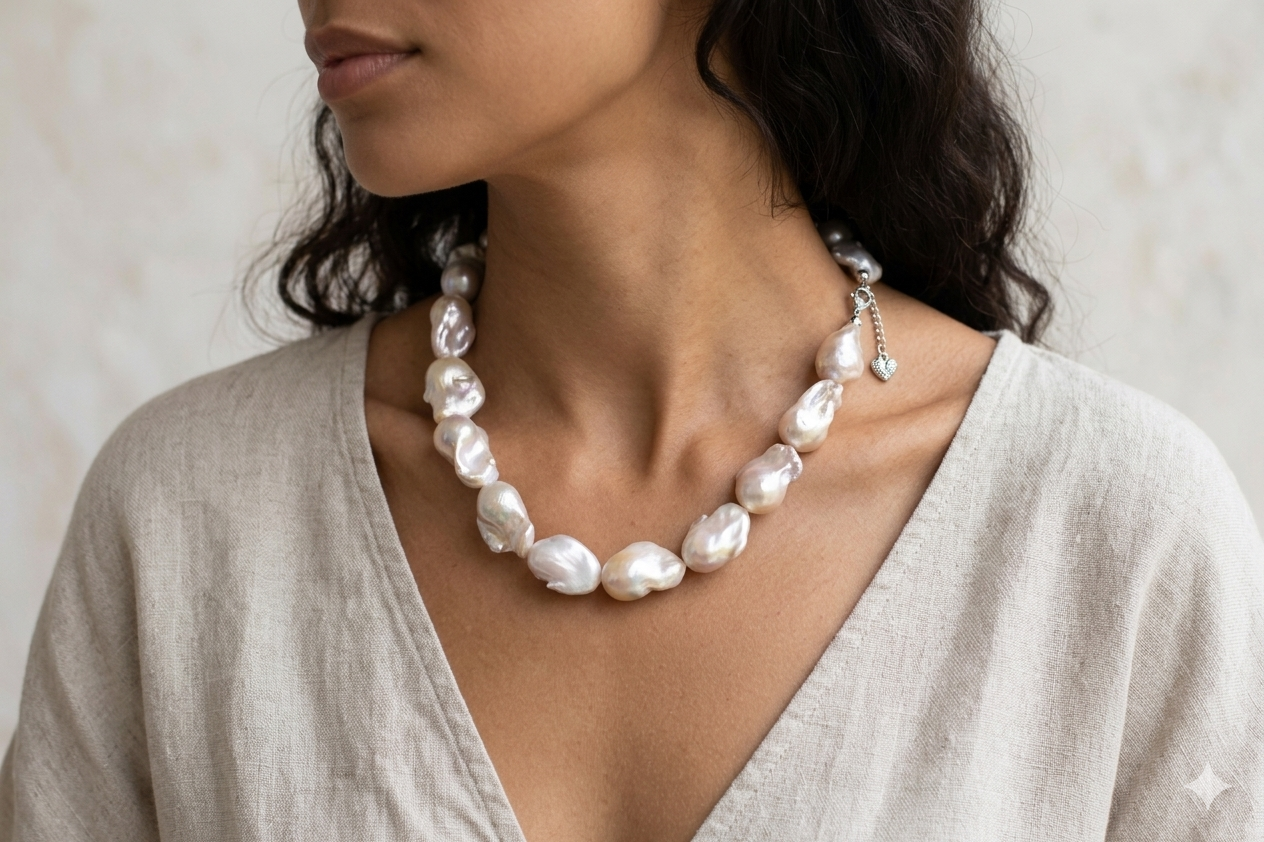 925 Sterling Silver Solo Baroque Pearl Statement Necklace