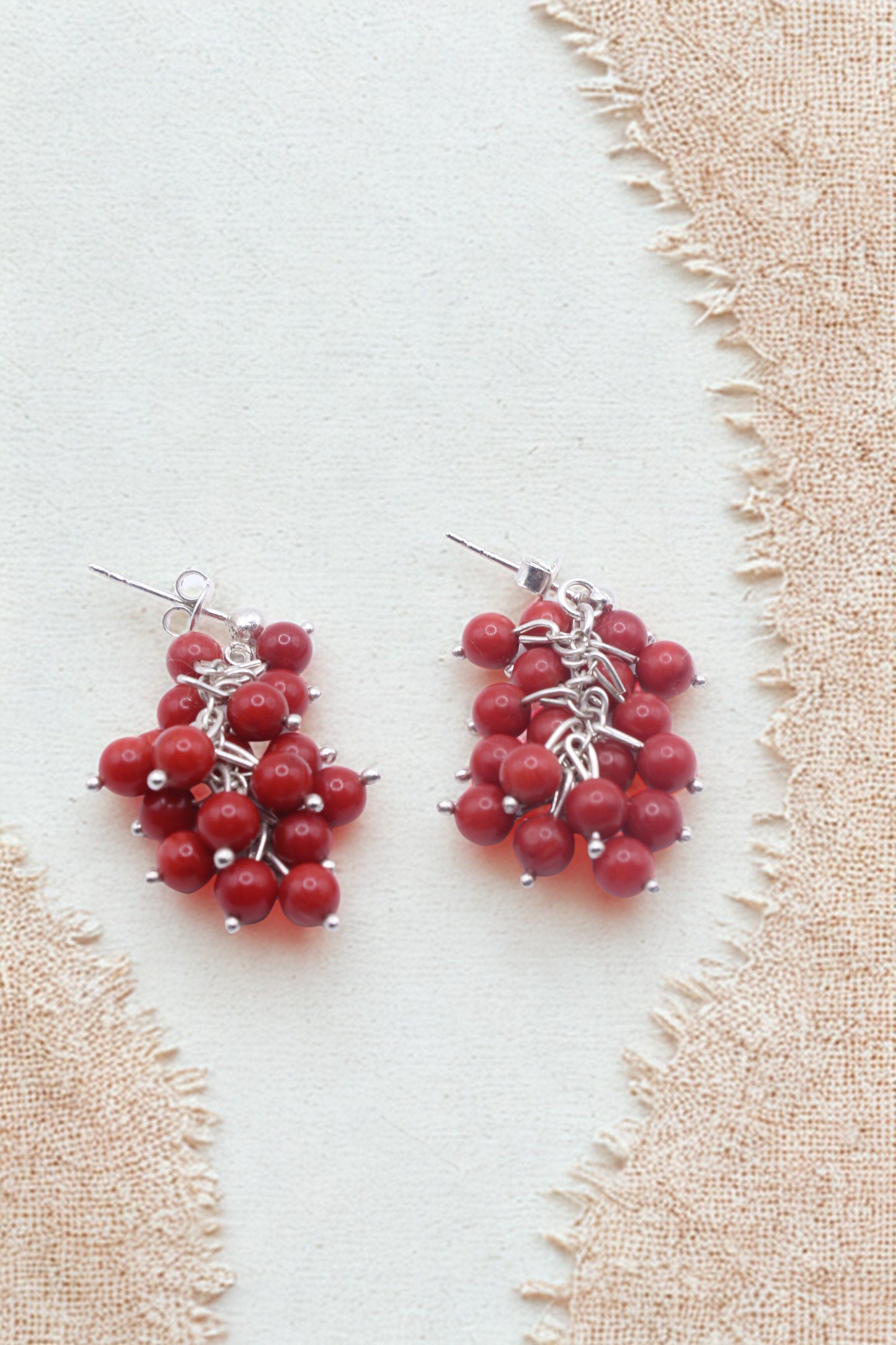 925 Sterling Silver Natural Coral Cluster Dangle Earrings