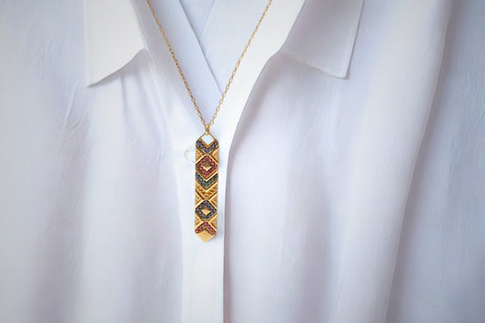 Ethnic Mosaic Shield Necklace - Gold Edition